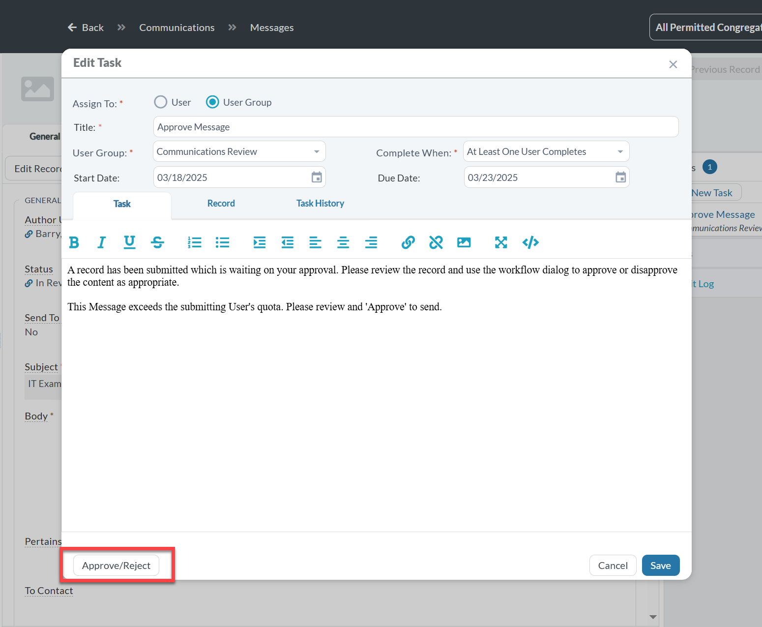 Approve/Reject Button